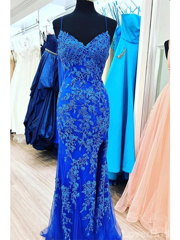 Blue Mermaid Spaghetti Straps Cheap Long Prom Dresses,Evening Party Dresses,12681