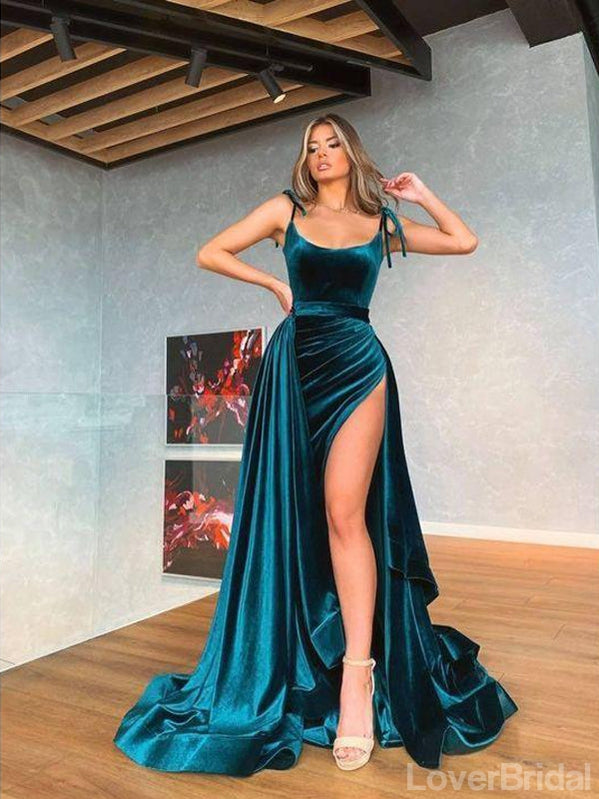 Blue Mermaid Spaghetti Straps Jewel High Slit Cheap Long Prom Dresses,12633