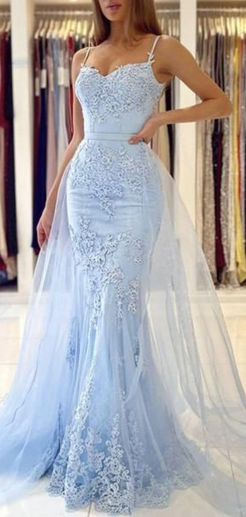 Blue Mermaid Spaghetti Straps Long Prom Dresses Online, Evening Dresses,12463