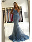 Blue Mermaid Spaghetti Straps V-neck Cheap Long Prom Dresses Online,12670