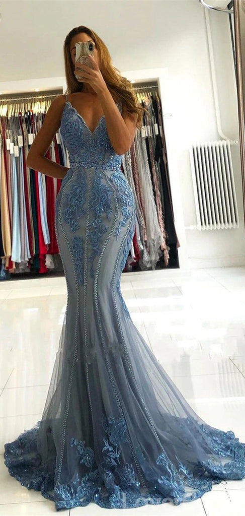 Blue Mermaid Spaghetti Straps V-neck Cheap Long Prom Dresses Online,12670