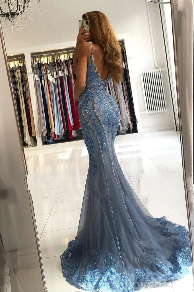Blue Mermaid Spaghetti Straps V-neck Cheap Long Prom Dresses Online,12670