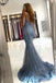 Blue Mermaid Spaghetti Straps V-neck Cheap Long Prom Dresses Online,12670