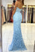 Blue Mermaid Spaghetti Straps V-neck High Slit Cheap Long Prom Dresses,12672