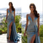 Blue Mermaid Spaghetti Straps V-neck High Slit Cheap Long Prom Dresses,12729