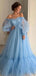 Blue Off The Shoulder Long Sleeves A-line Long Evening Party Prom Dresses, Prom Dresses Stores,12335