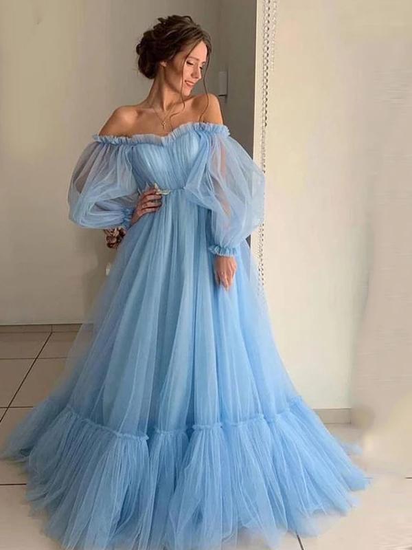 Blue Off The Shoulder Long Sleeves A-line Long Evening Party Prom Dresses, Prom Dresses Stores,12335