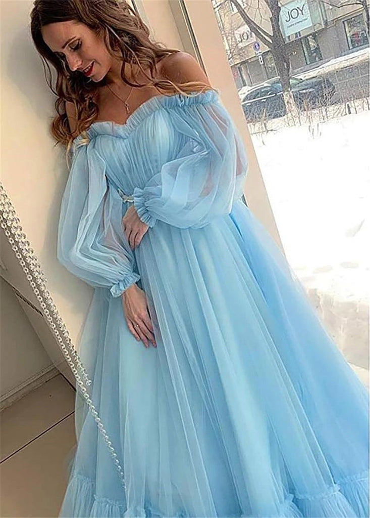 Blue Off The Shoulder Long Sleeves A-line Long Evening Party Prom Dresses, Prom Dresses Stores,12335