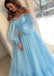 Blue Off The Shoulder Long Sleeves A-line Long Evening Party Prom Dresses, Prom Dresses Stores,12335