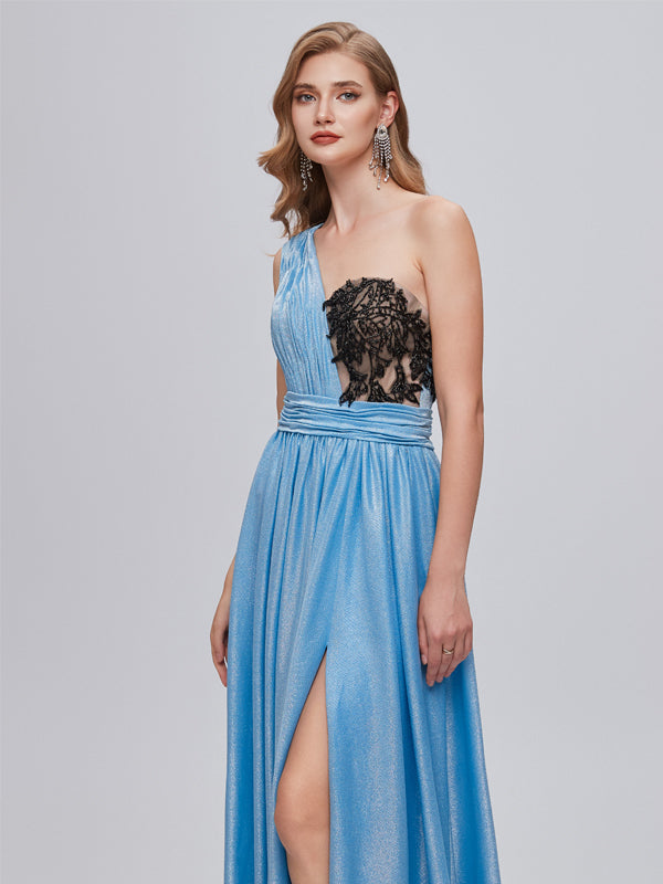 Blue One Shoulder A-line High Slit Cheap Long Prom Dresses Online,12797