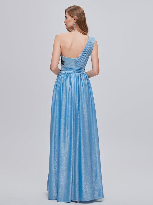 Blue One Shoulder A-line High Slit Cheap Long Prom Dresses Online,12797