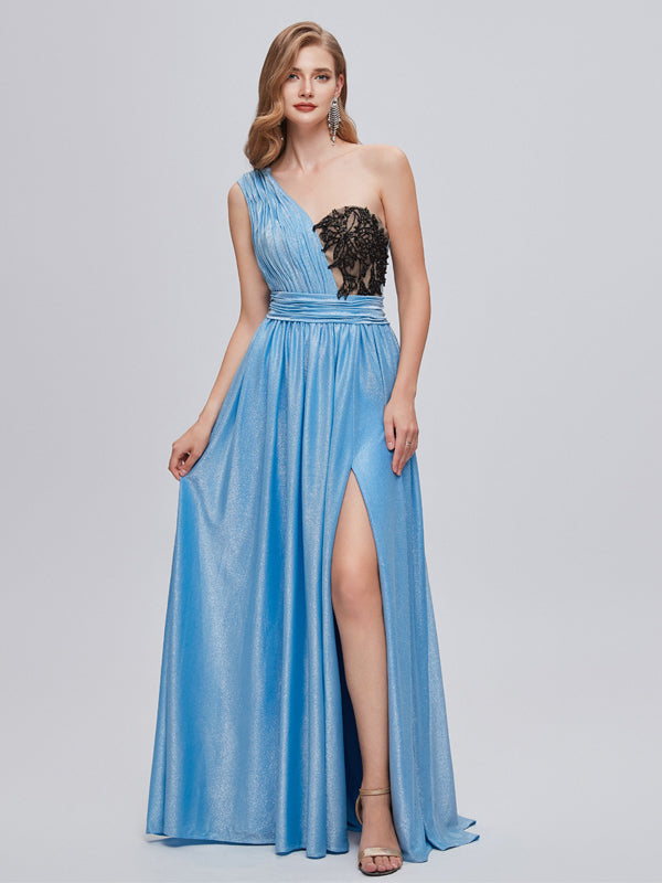 Blue One Shoulder A-line High Slit Cheap Long Prom Dresses Online,12797