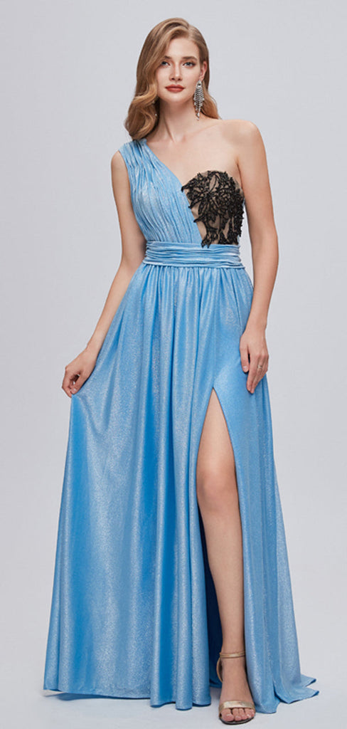 Blue One Shoulder A-line High Slit Cheap Long Prom Dresses Online,12797