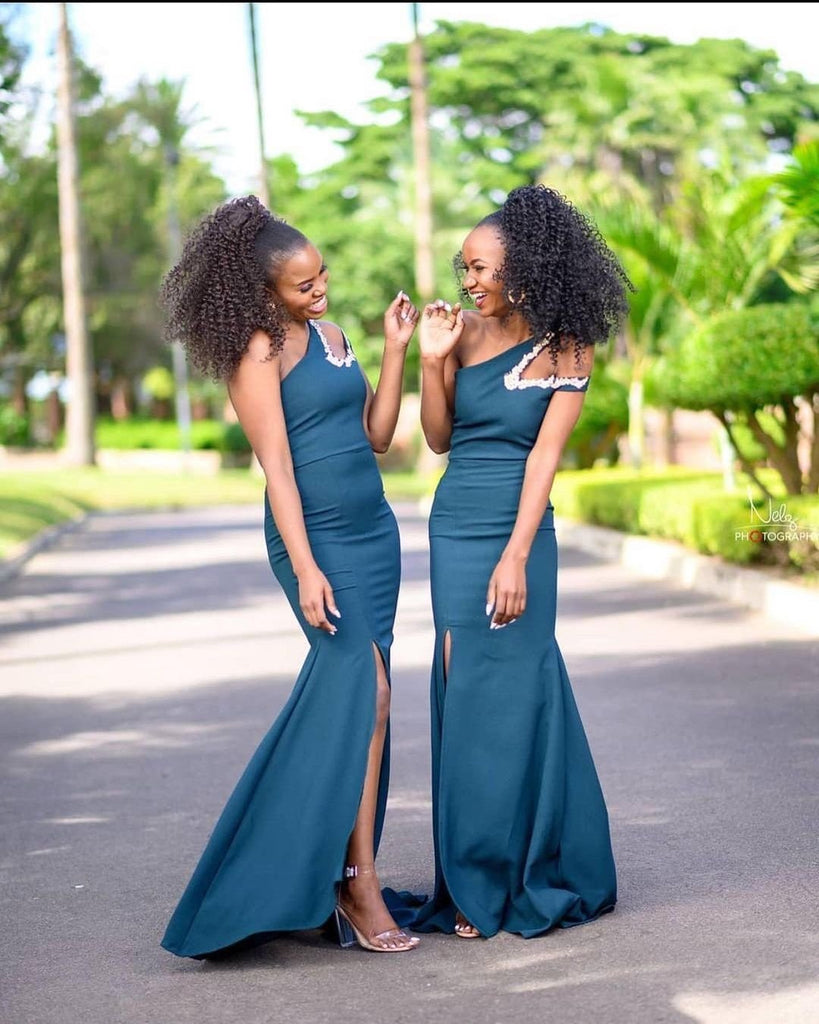 Blue Sexy Mermaid One Shoulder High Slit Cheap Bridesmaid Dressing Online,WG897