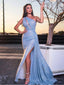 Blue Sheath One Shoulder High Slit Cheap Long Prom Dresses Online,12762