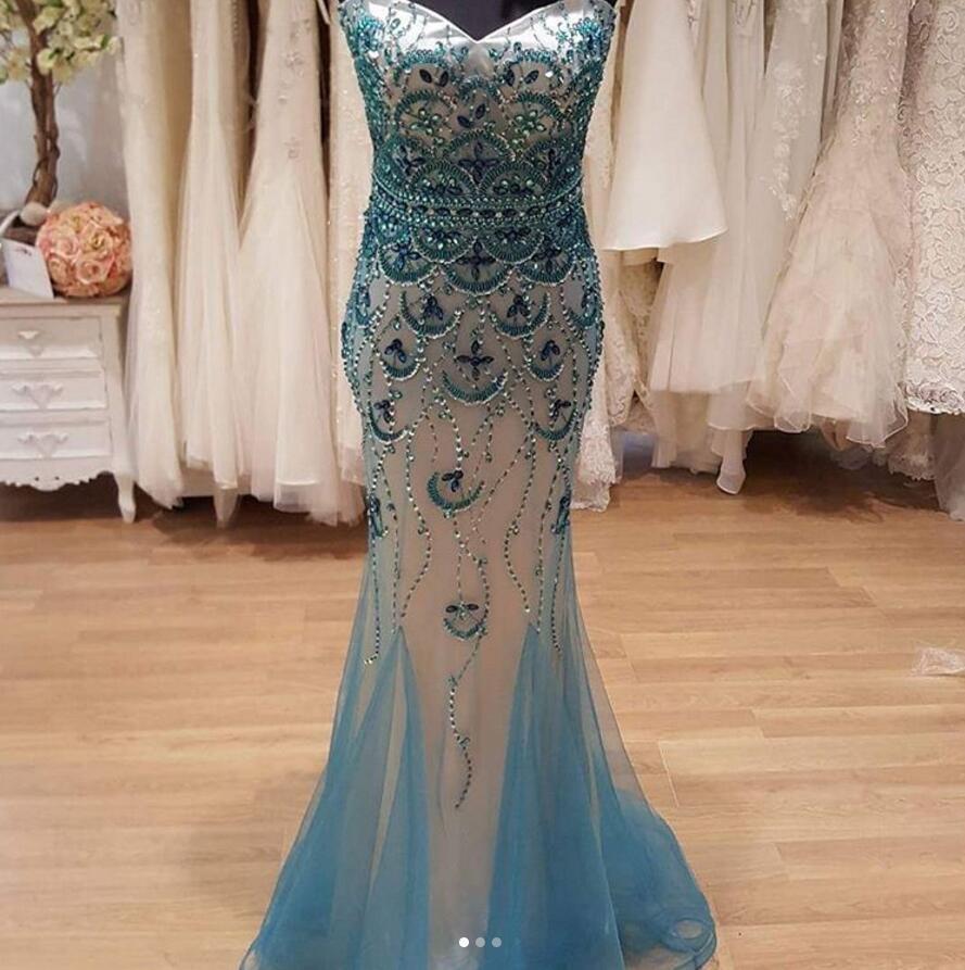 Blue Strapless Sweetheart Neckline Delicate Beading Mermaid Long Evening Prom Dresses, Popular Cheap Long Party Prom Dresses, 17295