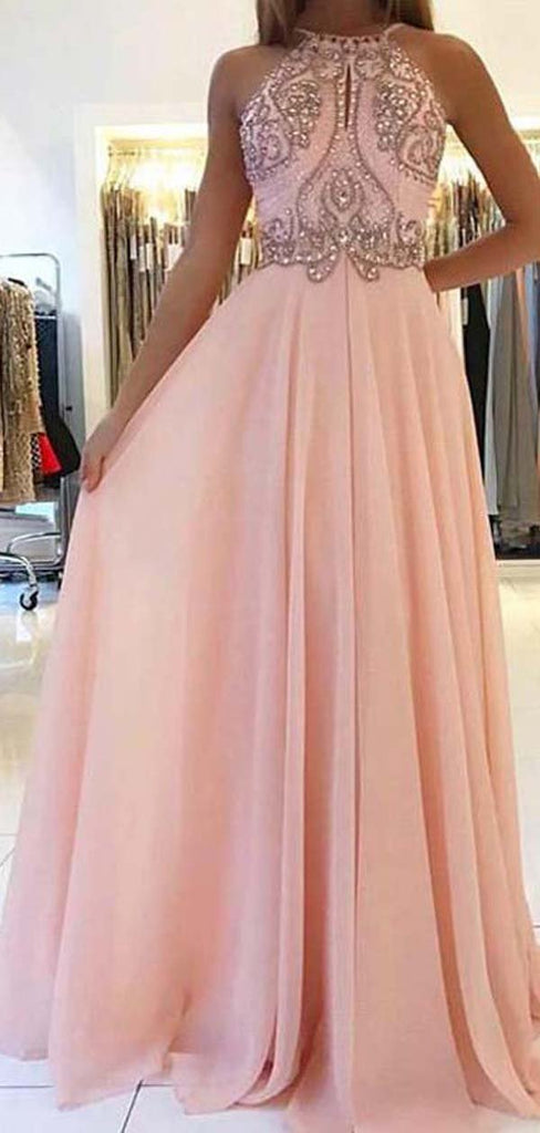 Blush Pink Halter Beaded Chiffon Long Evening Prom Dresses, Cheap Sweet 16 Dresses, 18349