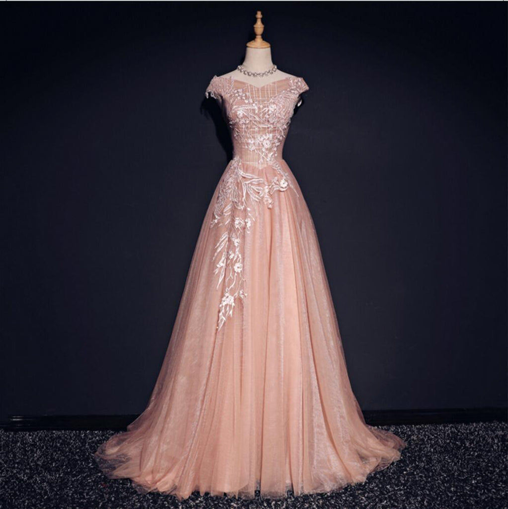 Blush Pink Off Shoulder V Neckline Lace Long Evening Prom Dresses, Popular Party Prom Dresses, Custom Long Prom Dresses, Cheap Formal Prom Dresses, 17213