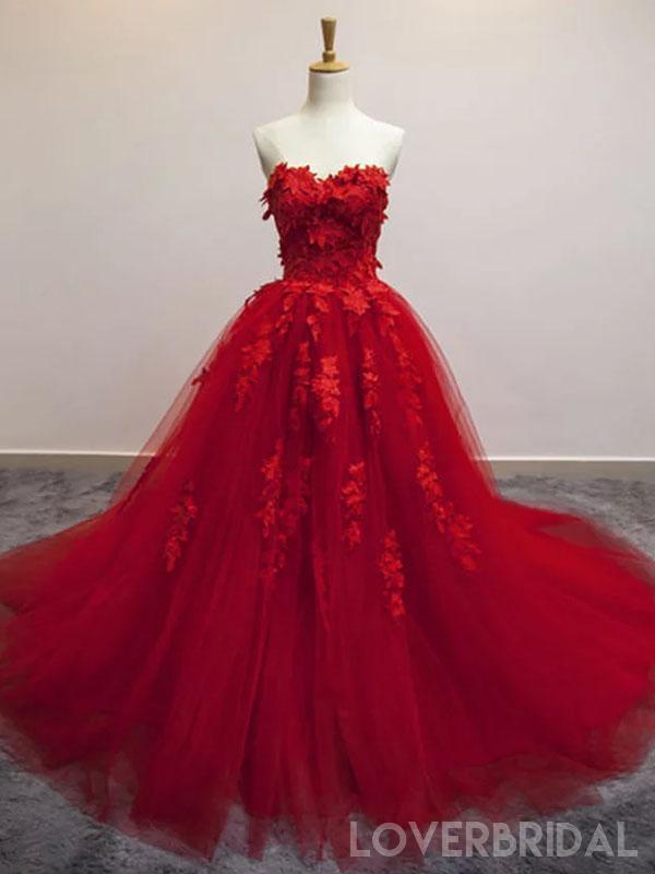 Bright Red Ball Gown Lace Cheap Long Evening Prom Dresses, Cheap Custom Sweet 16 Dresses, 18520