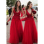 Bright Red V Neck Tulle Lace A-line Cheap Bridesmaid Dresses Online, WG348