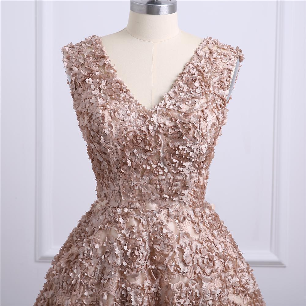 Brown Lace V Neckline A line Long Evening Prom Dresses, Popular Cheap Long Party Prom Dresses, 17243