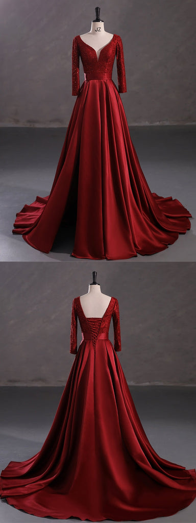 Burgundy A-line High Slit Long Sleeves Cheap Prom Dresses Online,12862