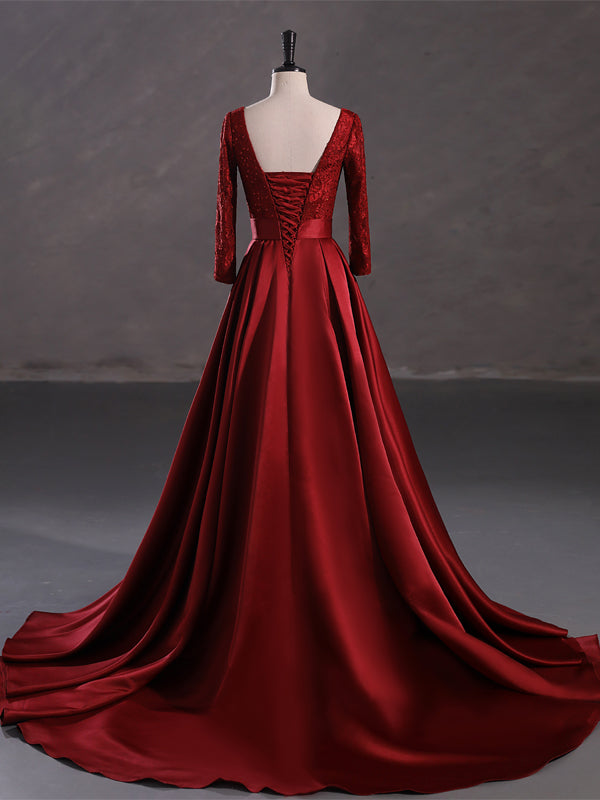 Burgundy A-line High Slit Long Sleeves Cheap Prom Dresses Online,12862