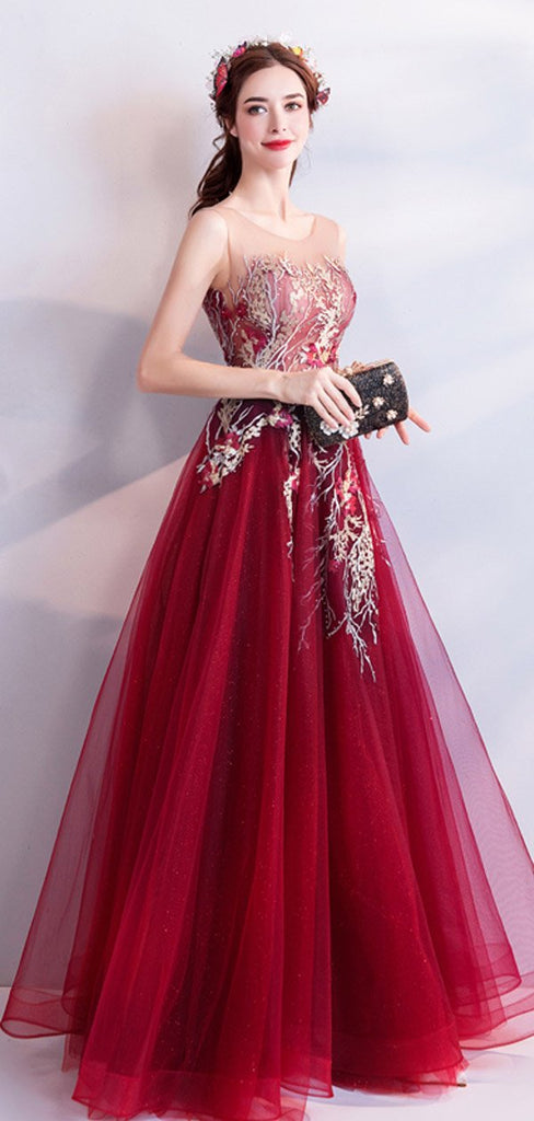 Burgundy A-line Jewel Sleeveless Long Prom Dresses Online, Evening Dresses,12458