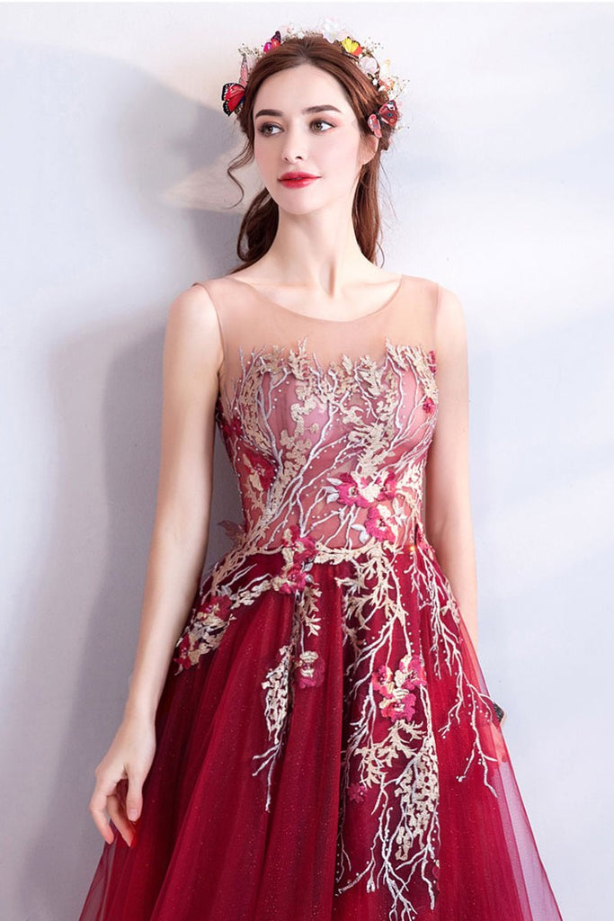 Burgundy A-line Jewel Sleeveless Long Prom Dresses Online, Evening Dresses,12458