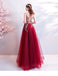 Burgundy A-line Jewel Sleeveless Long Prom Dresses Online, Evening Dresses,12458