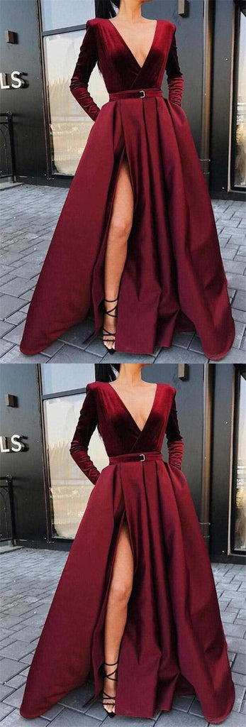 Burgundy A-line Long Sleeves V-neck High Slit Cheap Prom Dresses Online,12558