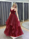 Burgundy A-line Spaghetti Straps V-neck Long Prom Dresses Online,12555