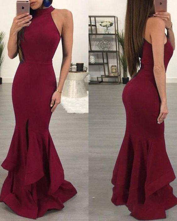 Burgundy Mermaid Halter Sleeveless Cheap Long Prom Dresses Online,12461