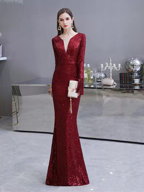 Burgundy Mermaid Long Sleeves V-neck Cheap Prom Dresses Online,12757