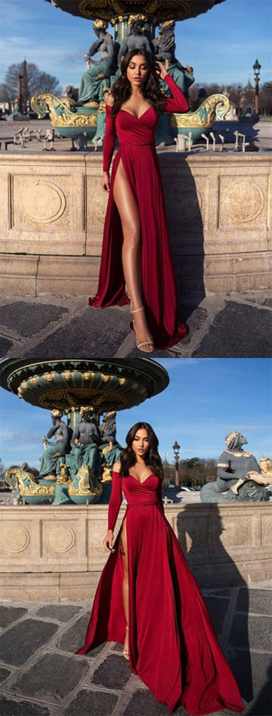 Burgundy Mermaid Long Sleeves V-neck High Slit Long Prom Dresses Online,12438