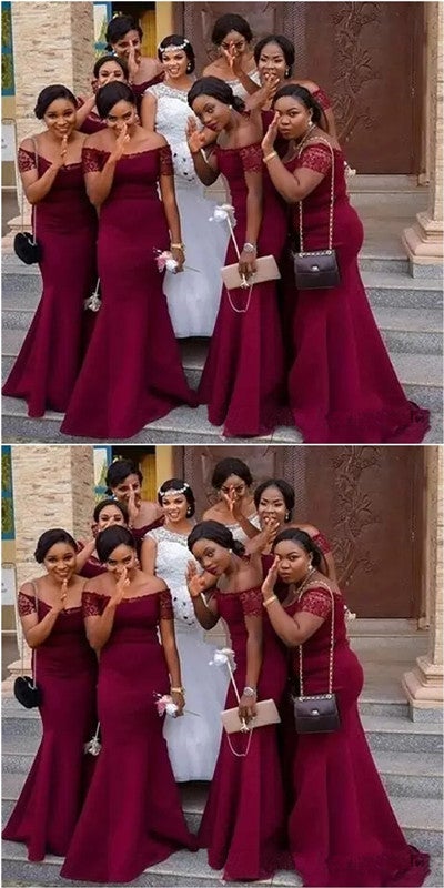 Burgundy Mermaid Off Shoulder Cheap Long Bridesmaid Dresses Online,WG1008