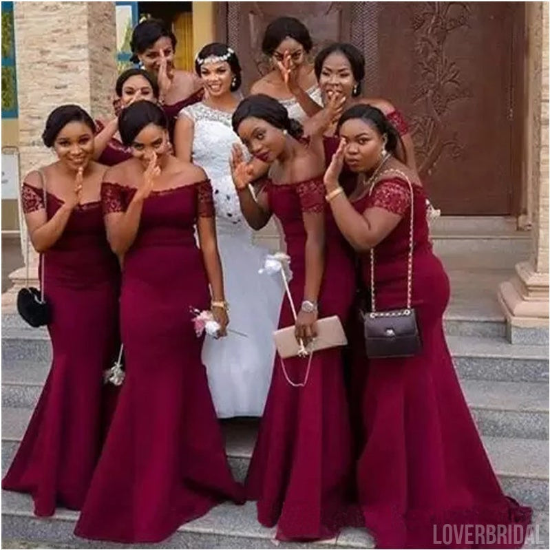 Burgundy Mermaid Off Shoulder Cheap Long Bridesmaid Dresses Online,WG1008