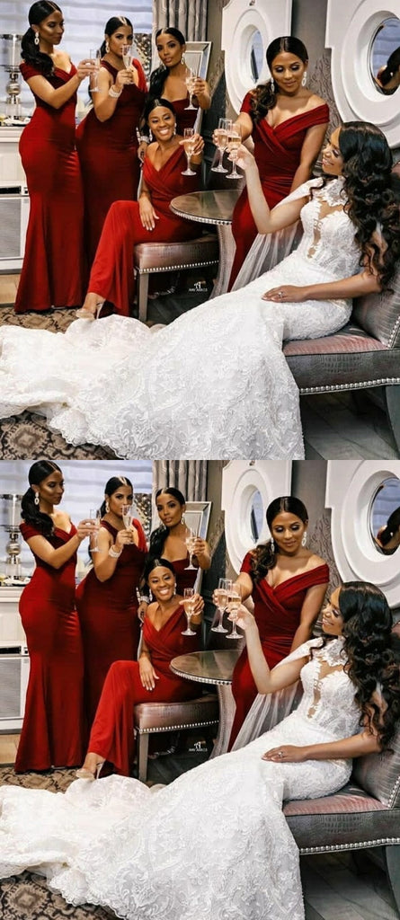 Burgundy Mermaid Off Shoulder Cheap Long Bridesmaid Dresses Online,WG1170