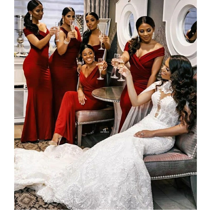 Burgundy Mermaid Off Shoulder Cheap Long Bridesmaid Dresses Online,WG1170