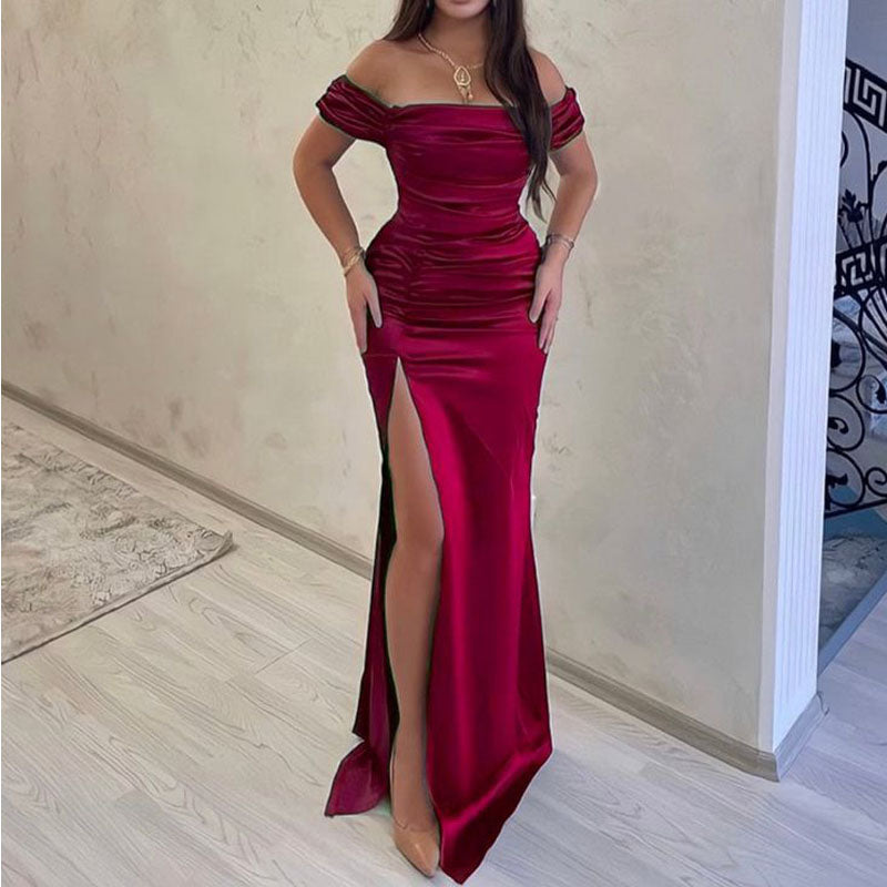 Burgundy Mermaid Off Shoulder Side Slit Cheap Long Bridesmaid Dresses,WG1380