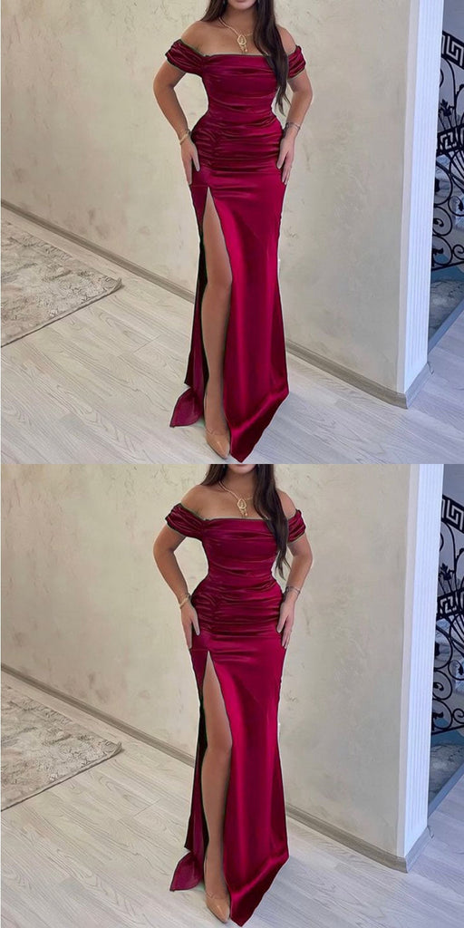 Burgundy Mermaid Off Shoulder Side Slit Cheap Long Bridesmaid Dresses,WG1380