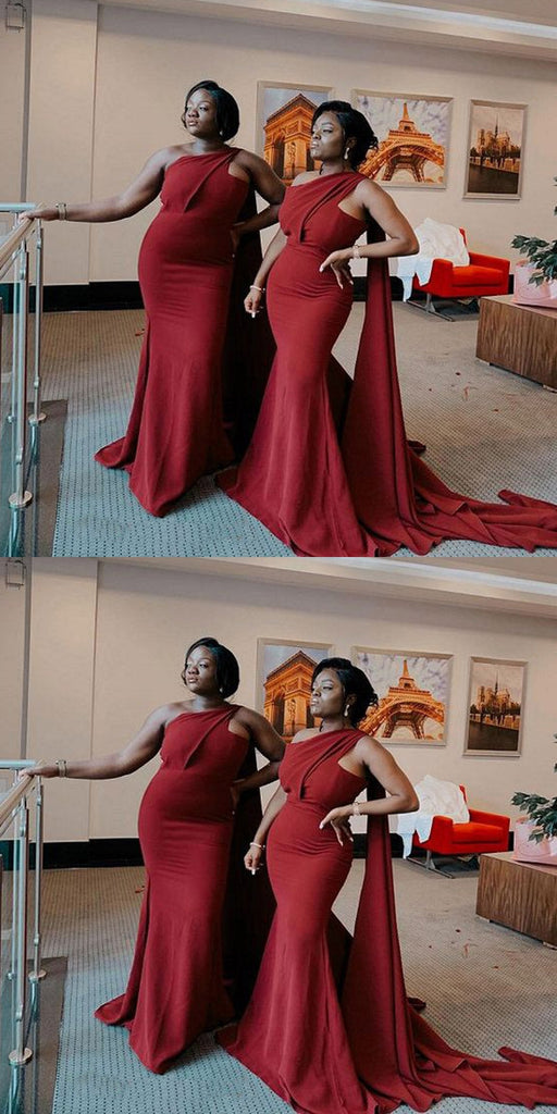 Burgundy Mermaid One Shoulder Cheap Long Bridesmaid Dresses,WG1261