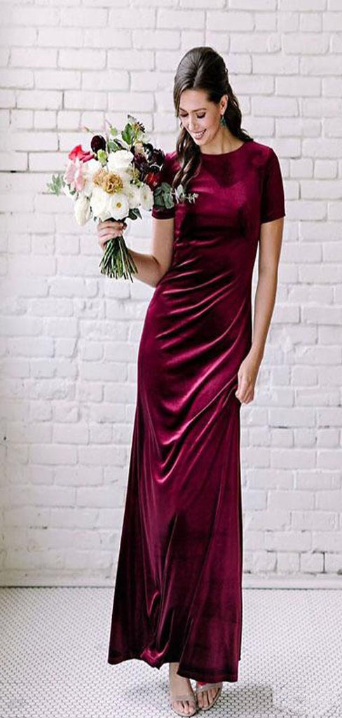 Burgundy Mermaid Short Sleeves Open Back Long Bridesmaid Dresses Online, WG964