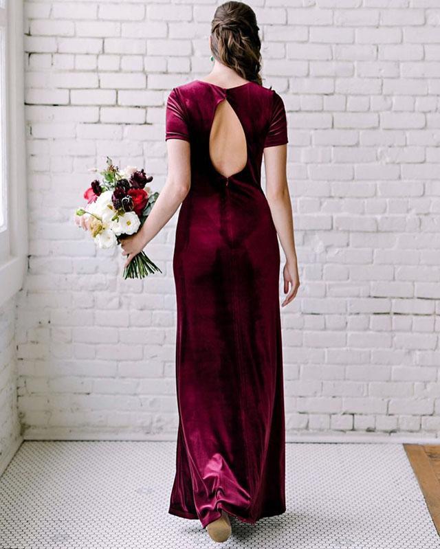 Burgundy Mermaid Short Sleeves Open Back Long Bridesmaid Dresses Online, WG964