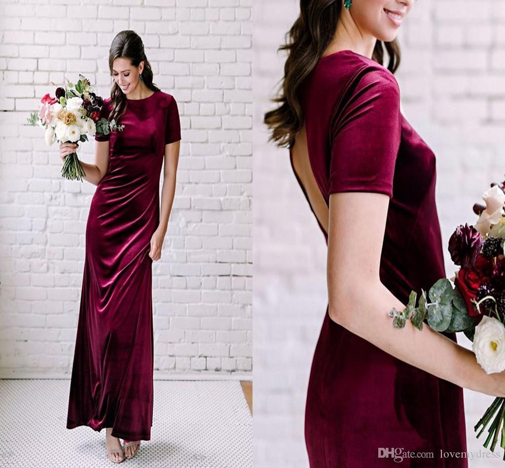 Burgundy Mermaid Short Sleeves Open Back Long Bridesmaid Dresses Online, WG964