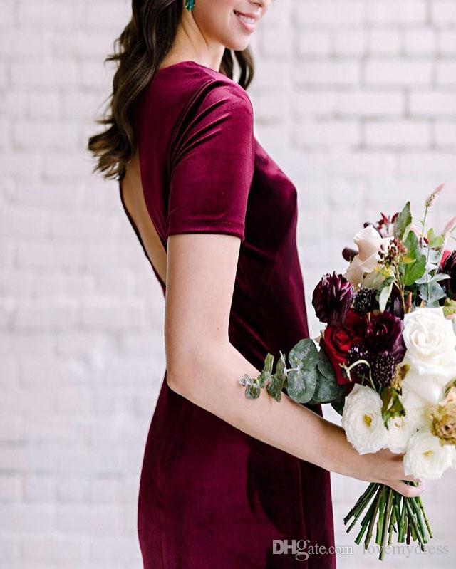 Burgundy Mermaid Short Sleeves Open Back Long Bridesmaid Dresses Online, WG964