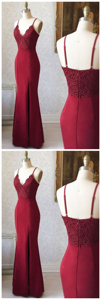 Burgundy Mermaid Spaghetti Straps Cheap Long Prom Dresses,12741