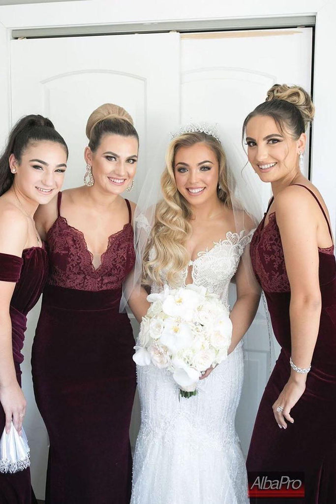 Burgundy Mermaid Spaghetti Straps V-neck Long Bridesmaid Dresses Online,WG980