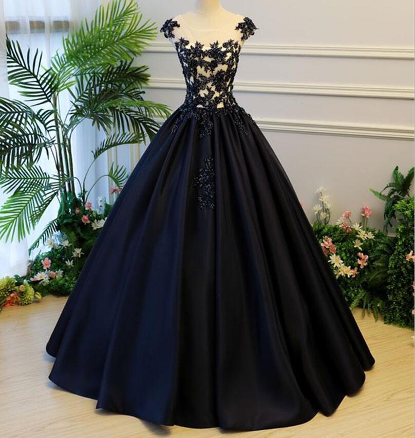 Cap Sleeve Black Lace A line Simple Long Evening Prom Dresses, Popular Cheap Long Custom Party Prom Dresses, 17327