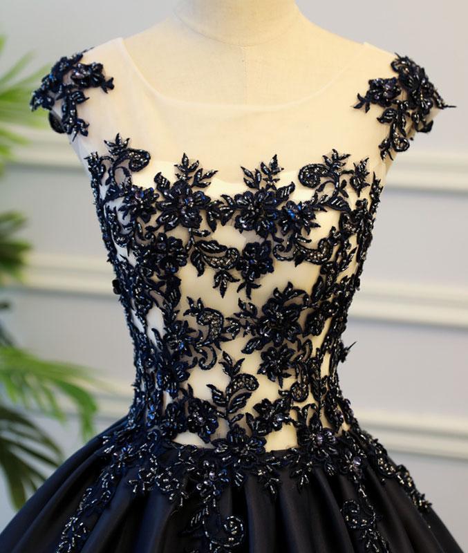 Cap Sleeve Black Lace A line Simple Long Evening Prom Dresses, Popular Cheap Long Custom Party Prom Dresses, 17327